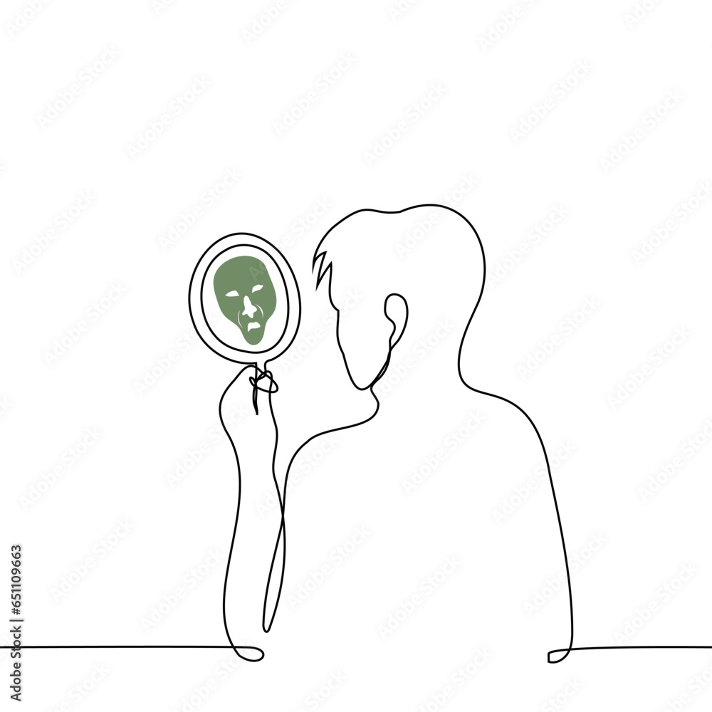 handsome man stands looking in the mirror where he sees a terrible ugly grimace - one line art vector. concept self-hypnosis, low self-esteem, self-hatred handsome man stands looking in the mirror where he sees a terrible ugly grimace - one line art vector. concept self-hypnosis, low self-esteem, self-hatred