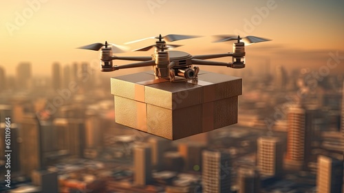 Delivery drone with parcel box on the sky above the big city background. Robot drone flying over the urban.