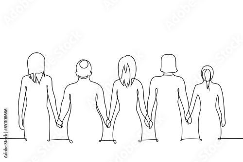 women stand with their backs in a row holding hands - one line art vector. concept female community, body diversity, representation, solidarity