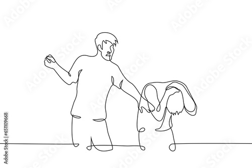 man swung his fist at another man who cowered in fear and covered his head with his hands - one line art vector. concept male violence, attack, beating