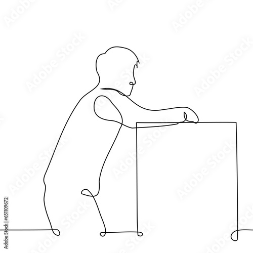 man stands leaning his elbows on the bar counter - one line art vector. concept male in a bar, man at the waiting counter