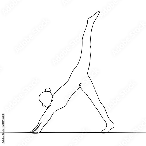 woman stands on her hands and leg raising her second leg up - one line art vector. concept gymnast doing stretching photo