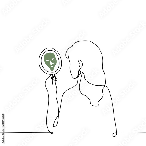beautiful woman stands looking in the mirror where she sees a scary ugly grimace - one line art vector. concept self-hypnosis, low self-esteem