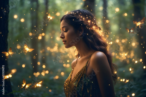 A Cute Young Girl In mystical forest where fireflies create intricate patterns of light photo