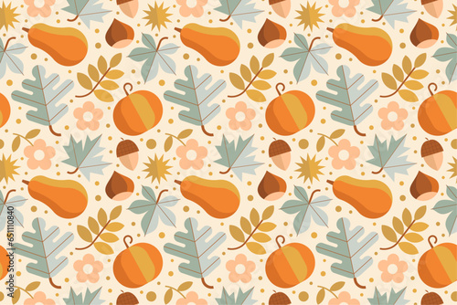 Autumn botanical pattern with various plant elements, pumpkin, gourd, acorn, chestnut, flower and leaf