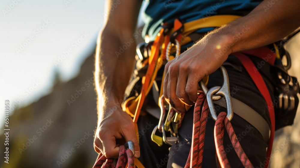 Male rock climber with climbing equipment holding rope ready to start climbing the route - obrazy, fototapety, plakaty 
