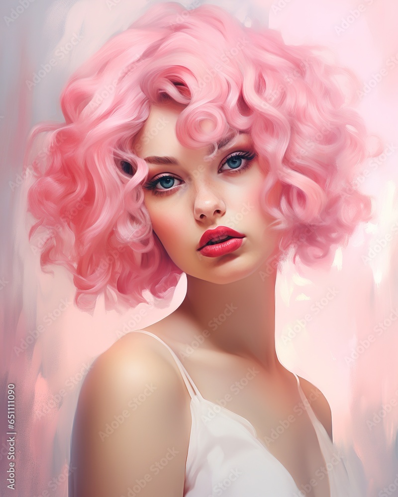 young beauty woman with pink hair on a pink background