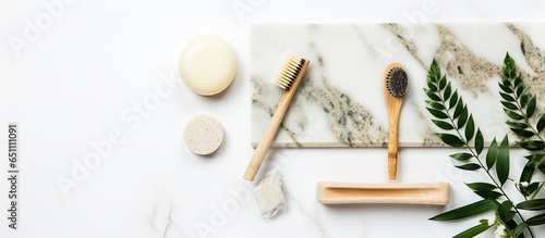 Sustainable lifestyle concept with bamboo toothbrushes and natural soap on marble background Zero waste plastic free Flat lay top view