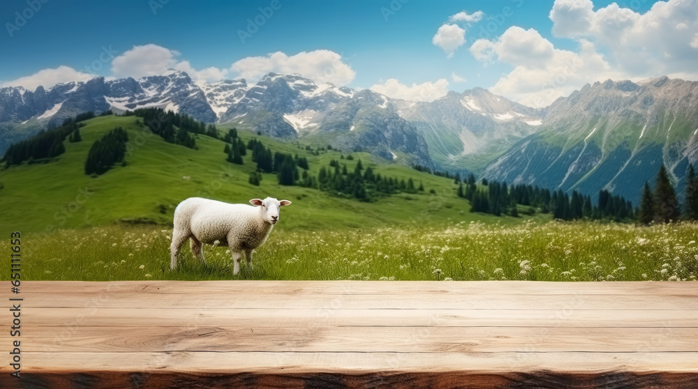 Empty rustic old wooden boards table copy space with sheep grazing on alpine meadow in background. Dairy product display template. Generative AI