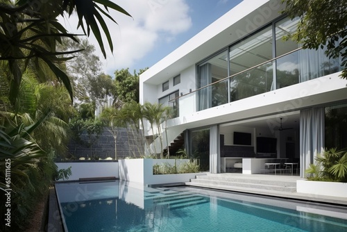 Contemporary residence with pristine pool. Generative AI photo