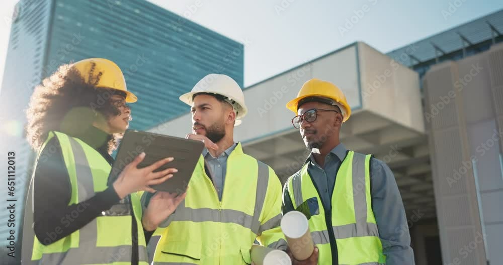 People, architect and tablet in city planning for meeting, construction or building project on site. Group of employees, contractor or engineer in teamwork on technology for architecture plan or idea