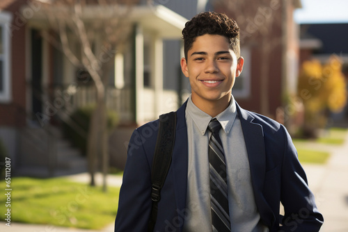 Generated by AI photo portrait of happy male college student on street going to campus first september and looking at camera photo