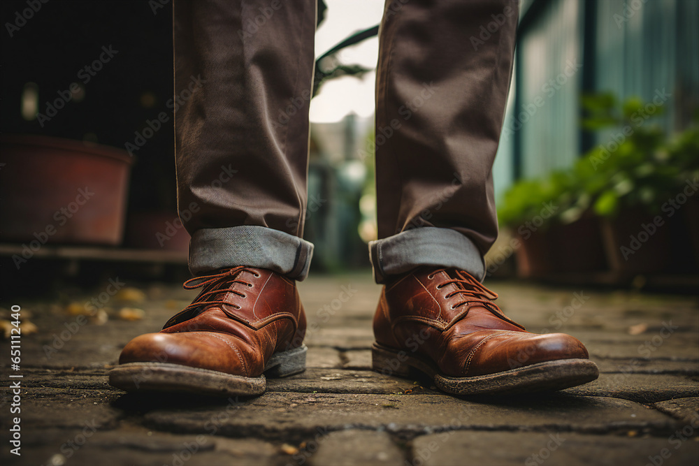 Generative AI picture of a person legs in casual 90s retro style footwear standing on a road Generative AI picture of a person legs in casual 90s retro style footwear standing on a road