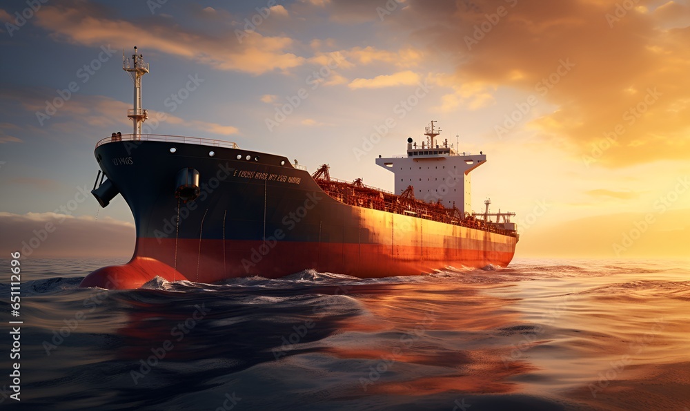 oil tanker in the middle of the sea at sunset, ai generative - obrazy, fototapety, plakaty 