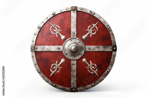 Red and white viking shield from the medieval era in 3D, isolated on white background. Generative AI