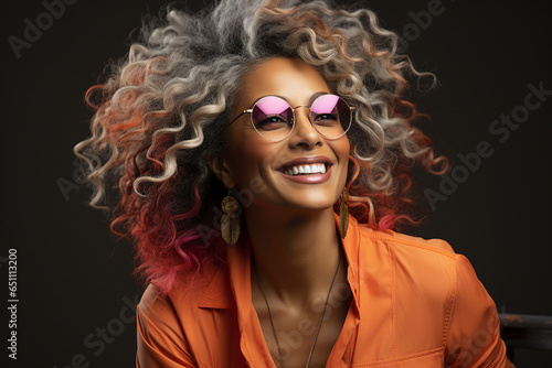 Generative AI photography of cheerful beautiful lady with long healthy wavy grey color hairdo