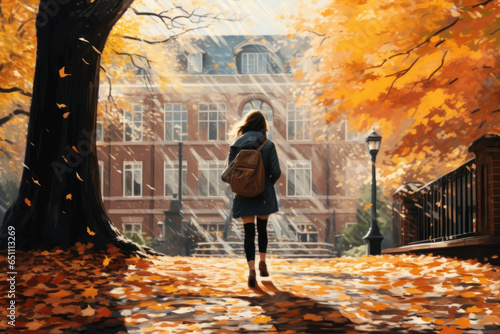 silhouette of a woman walking on old vintage campus college ivy league in autumn fall trees leaves in hand drawn pencil art digital style sketch