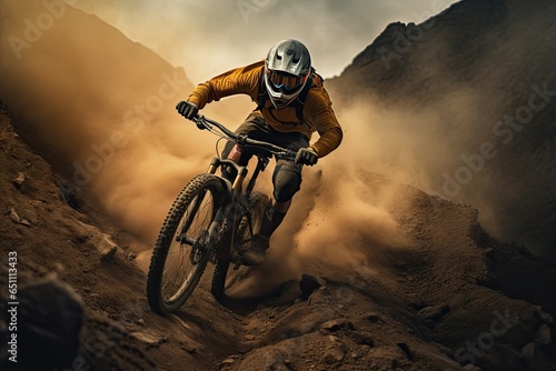 A cyclist rides a bicycle on an extreme descent. Adrenalin. Extreme sports in nature and a healthy lifestyle. A man on a mountain bike races through the mountains in dust.