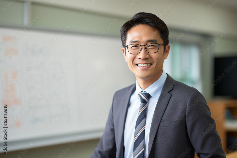 Picture made with generative AI photography of happy successsful man standing in a contemporary office looking at camera Picture made with generative AI photography of happy successsful man standing in a contemporary office looking at camera
