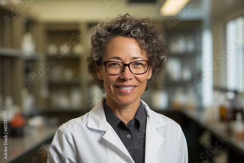 Photography of happy beautiful professional biology teacher in lab coat set against a blurred laboratory background generative AI