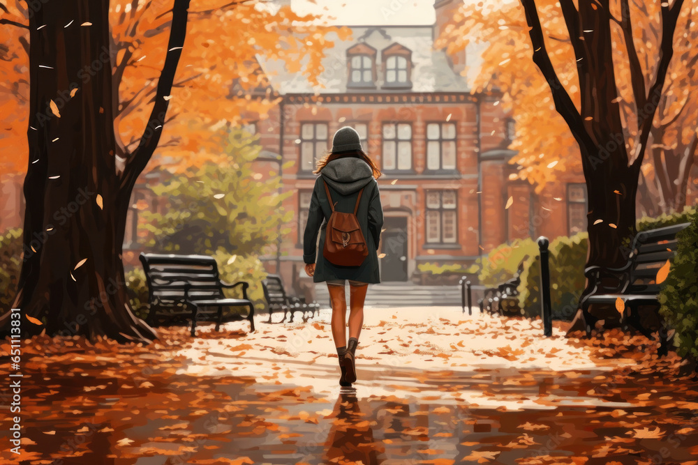 silhouette of a woman walking on old vintage campus college ivy league in autumn fall trees leaves in magazine editorial cinematic film look - obrazy, fototapety, plakaty 