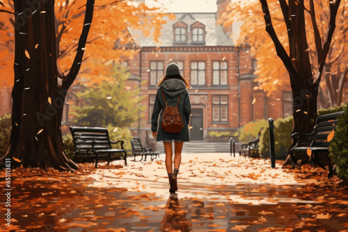 Photo silhouette of a woman walking on old vintage campus college ivy league in autumn