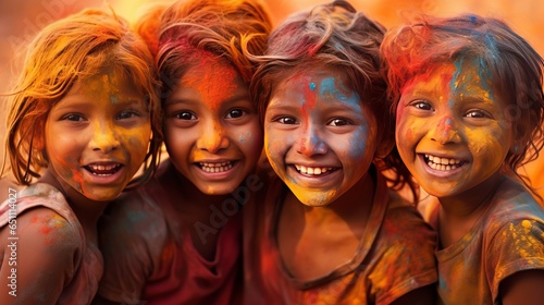 Celebration of Holi festival day colorful illustration of Group of Cheerful kids playing holi photo