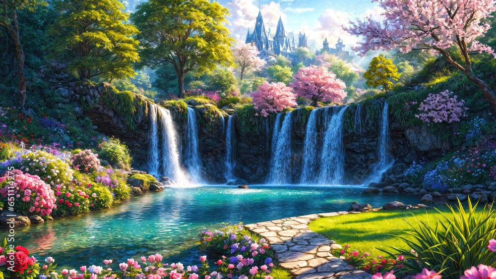 Paradise landscape with beautiful  gardens, waterfalls and flowers, magical idyllic background with many flowers in eden. - obrazy, fototapety, plakaty 