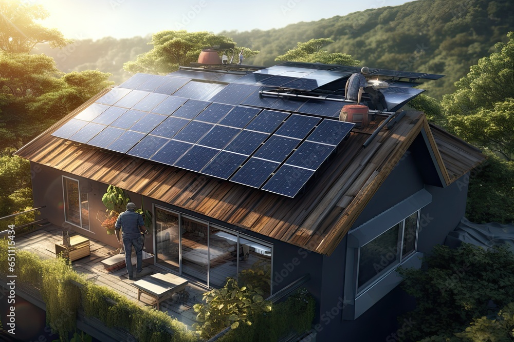 Roof of a house with solar panels. Photovoltaic panels on the roof . Photo of a solar panels in the roof house.