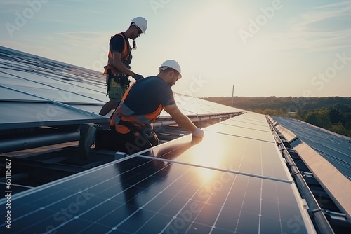 The process of installing solar panels on the roof of a small house. Engineers installing and connecting a solar panel system. Green energy and energy saving. photo
