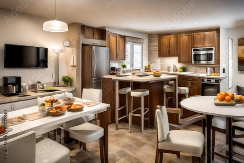 Kitchen with adjoining snack counter set for four people and living area with a wall hanging T.V © Nida  Sufyan