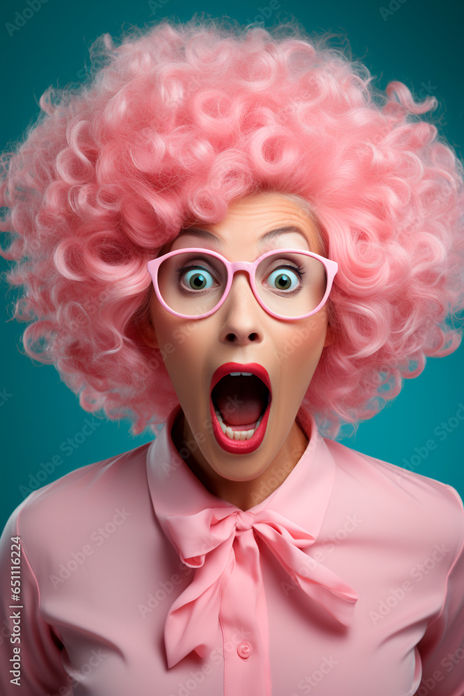 Woman wearing glasses and pink wig surprised with eyeglasses on pink background, in the style pick photo, clownpunk