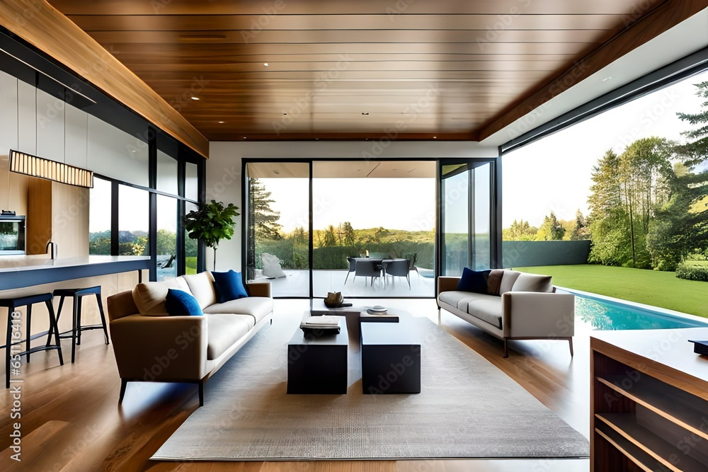 modern living room with centered table and outside view . modern living room with centered table and outside view .