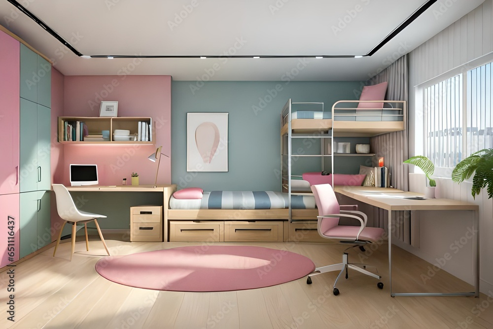 girls kids room interior in pink . girls kids room interior in pink .
