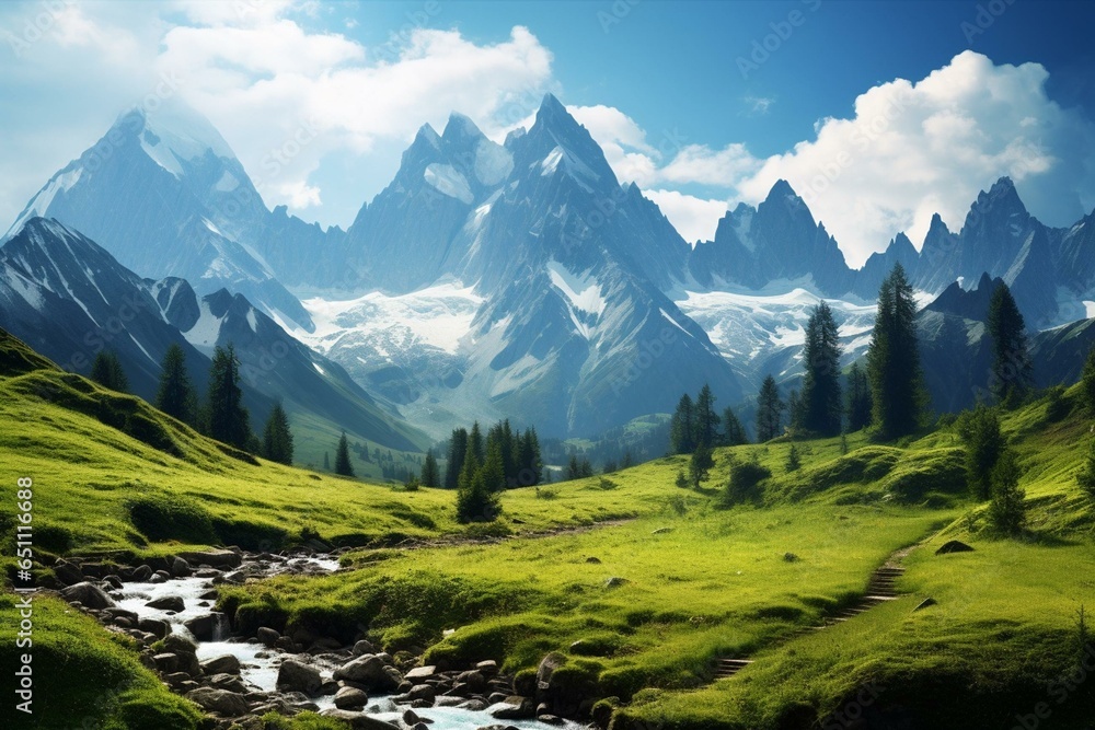 Scenic view of lush meadow and towering peaks. Generative AI