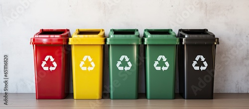 Metal recycle and trash bins with icons for office waste management Clean environment design concept with space for text