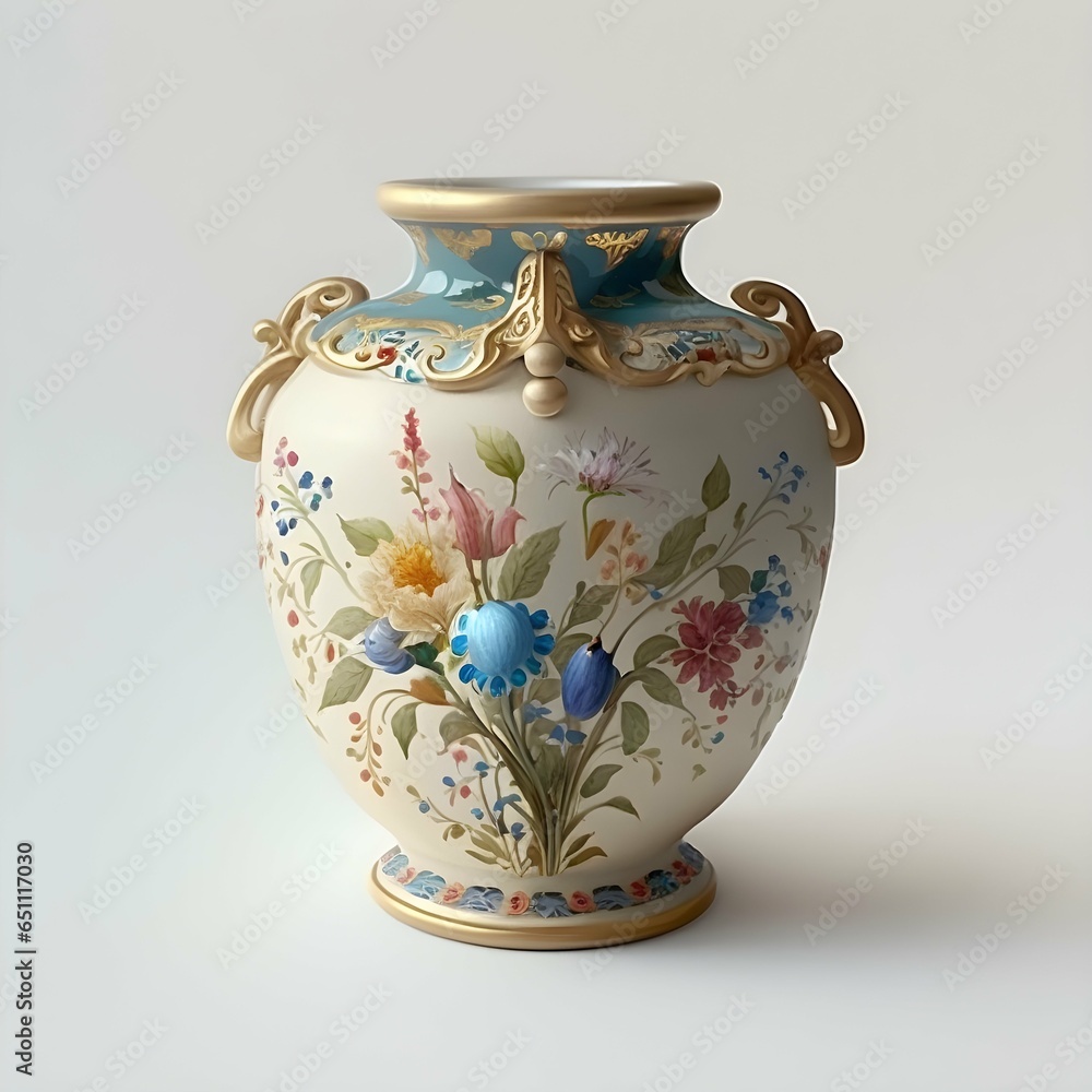 a white ceramicvase with blue and pastel colored details against a white background painted by rembrandt 
