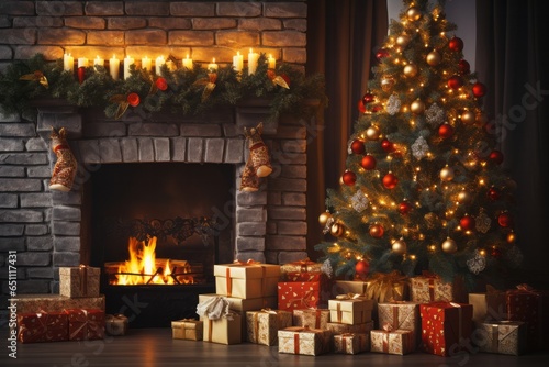 Photo of a beautifully decorated Christmas tree surrounded by presents in front of a cozy fireplace created with Generative AI technology