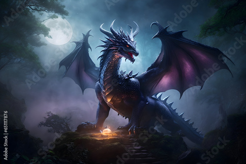 A majestic dragon guarding a hidden treasure hoard in a misty forest