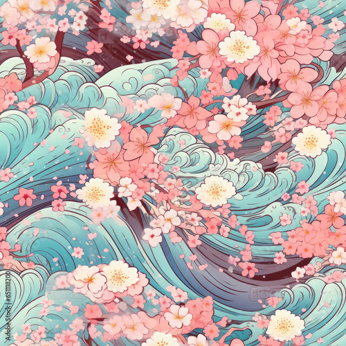 Cherry blossoms with flowing waves and water seamless pattern  AI Generated
