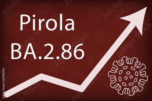 Omicron sub-variant BA.2.86 also known as Pirola. The arrow shows a dramatic increase in disease. White text on dark red background with images of coronavirus.