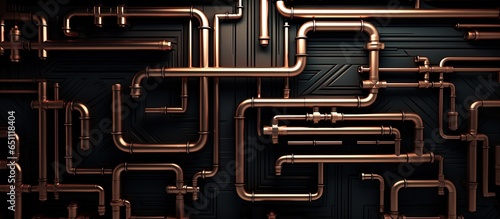 Fotografia Steampunk copper pipe maze on black wall