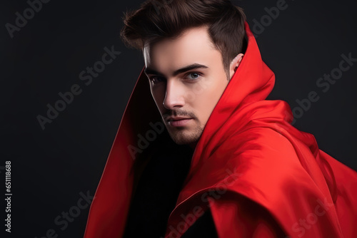 Handsome Man in Red Cape on a Black Background