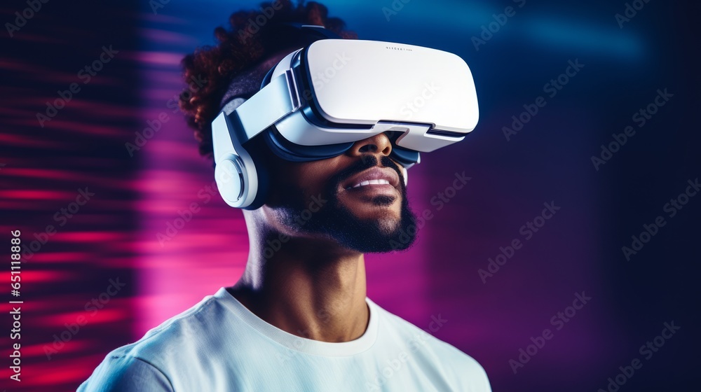 Man wearing VR glasses experiencing virtual reality Man wearing VR glasses experiencing virtual reality