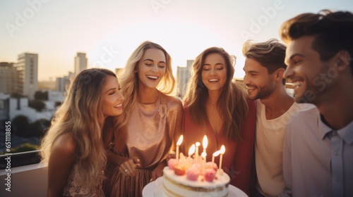 Group of friends celebrating a birthday at a rooftop