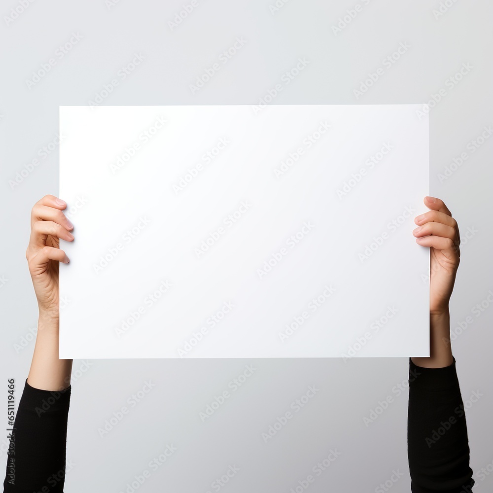 Women hand holing white placard on a grey background. Women hand holing white placard on a grey background.
