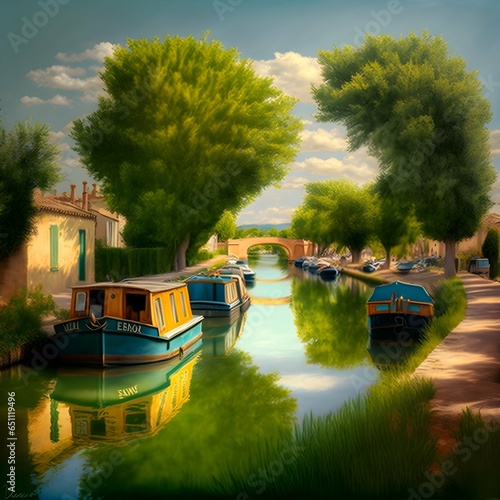 canal du midi Agde and barges photo realistique summer nice colours very detailed 