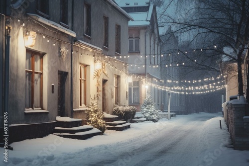 Charming winter street adorned with festive lights and homes covered in snow. Nostalgic Christmas evening. Generative AI © Jovanni