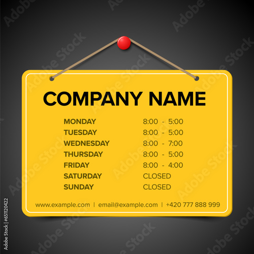 Shop opening time hours on yellow notice card vector template