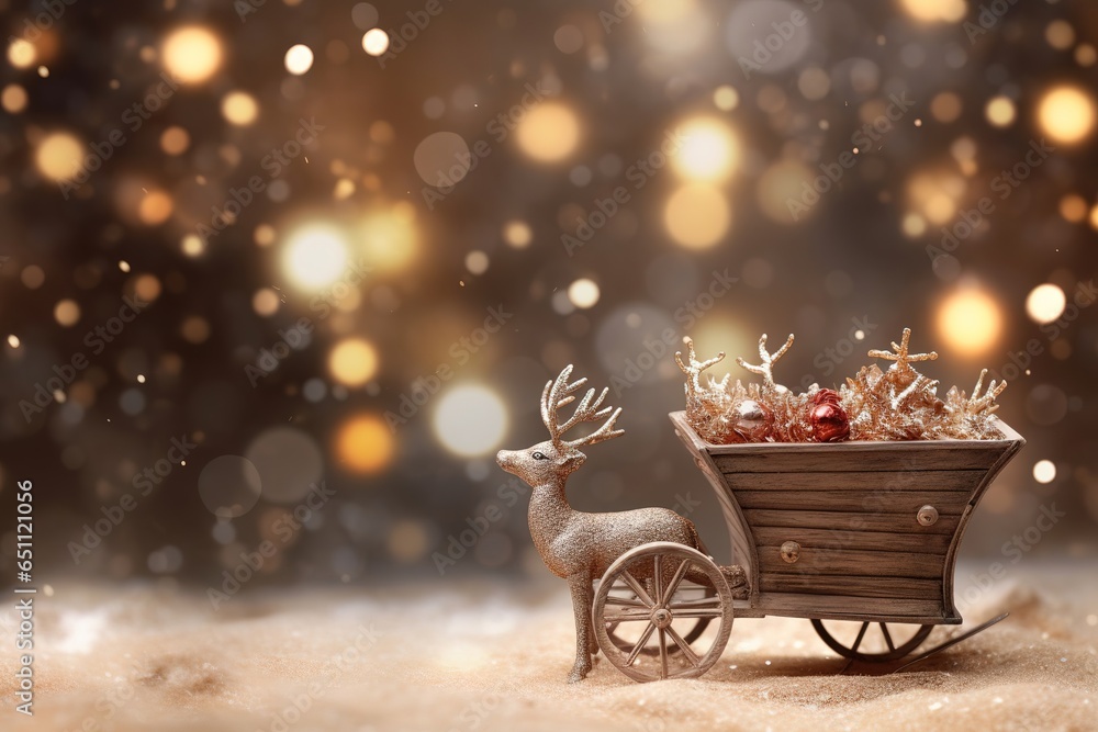 Christmas background with golden bokeh and sleigh with gifts